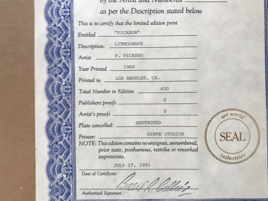 1988 Pablo Picasso Limited Edition Lithograph Print Titled 'Picador' 367 Of 420 29' X 35' [Photo 13]