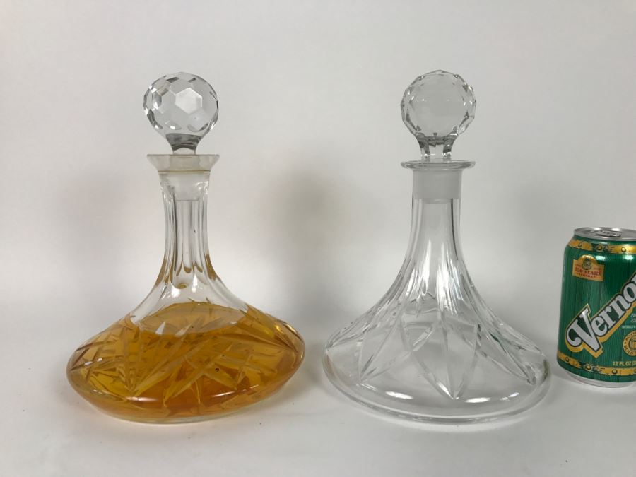 Pair Of Vintage Crystal Liquor Decanters With Stoppers (One Is Signed Royal Brierley) (Note That One Stopper Has Chips As Shown In Photo) [Photo 1]