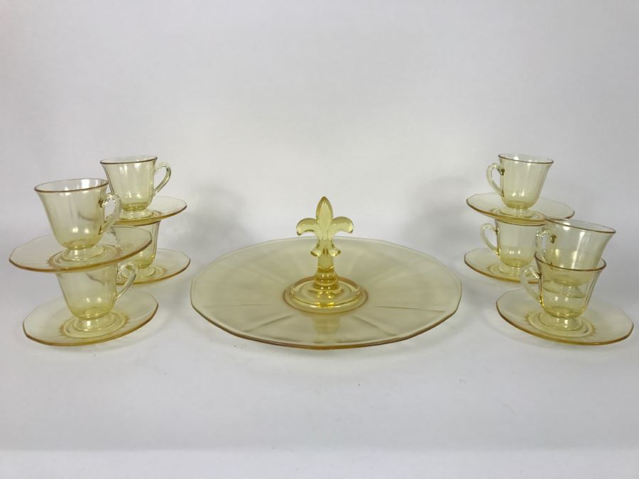 16-Piece Yellow Depression Glass Cups And Saucers Plus Handled Plate Tray [Photo 1]