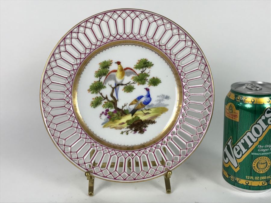 Hand Painted Reticulated Bird Plate With Brass Display Stand