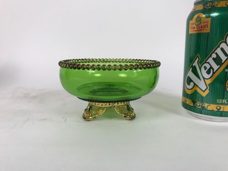 Vintage Gilded Green Glass Footed Bowl