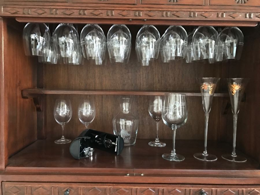 Stemware Wine Glasses Shown In Cabinet Plus Wine Bottle Opener Kit Apx 24 Items [Photo 1]