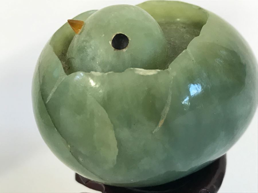 Jade Carving Of Chick Hatching From Egg With Stand