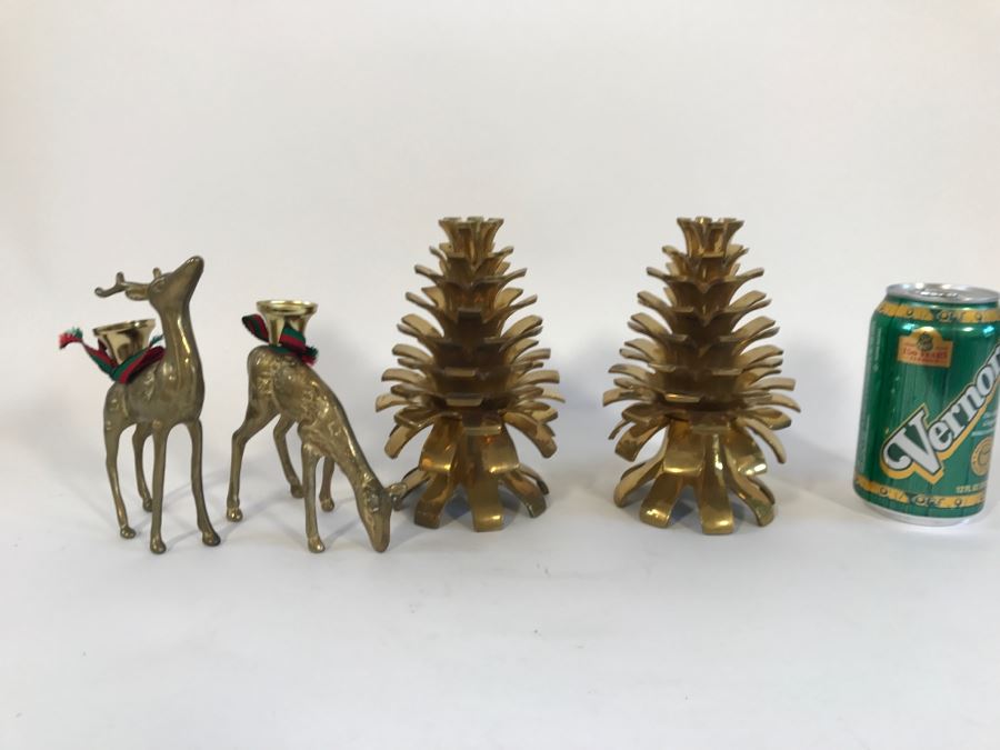 Brass Set Of Pinecone And Deer Candle Holders
