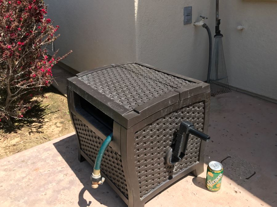 Suncast Plastic Outdoor Storage Cabinet For Gardening Hose With Hose [Photo 3]