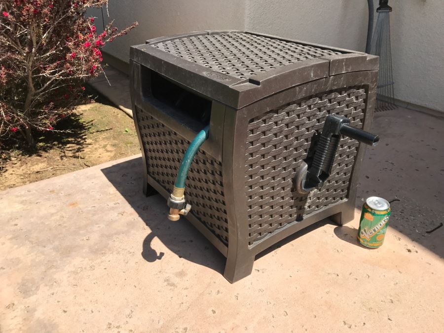 Suncast Plastic Outdoor Storage Cabinet For Gardening Hose With Hose