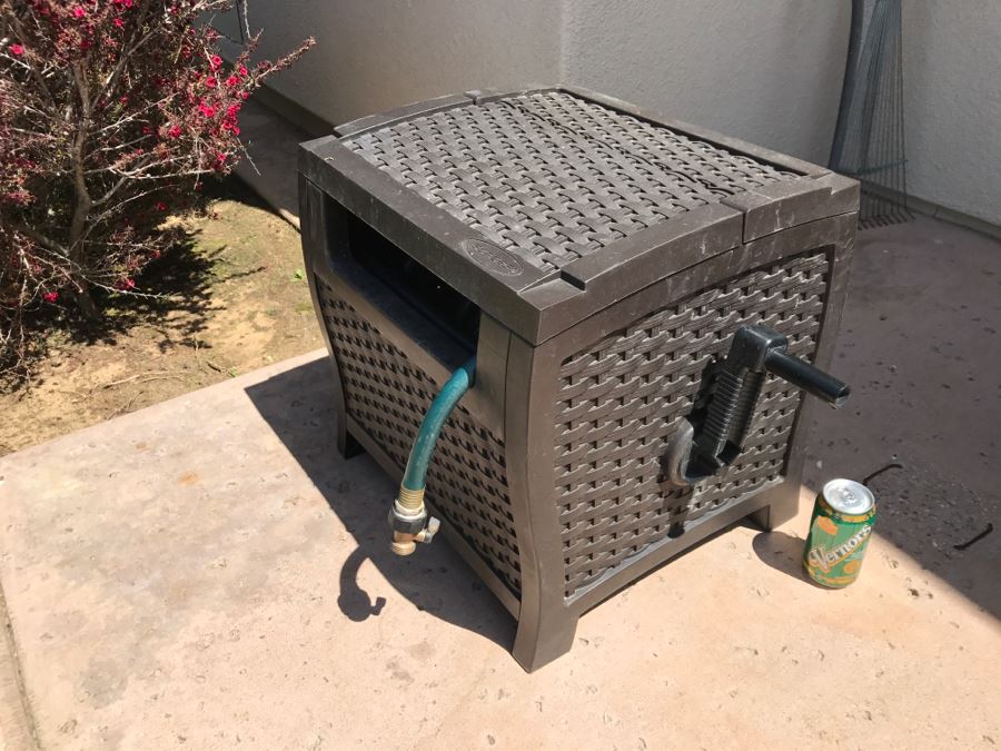 Suncast Plastic Outdoor Storage Cabinet For Gardening Hose With Hose [Photo 2]