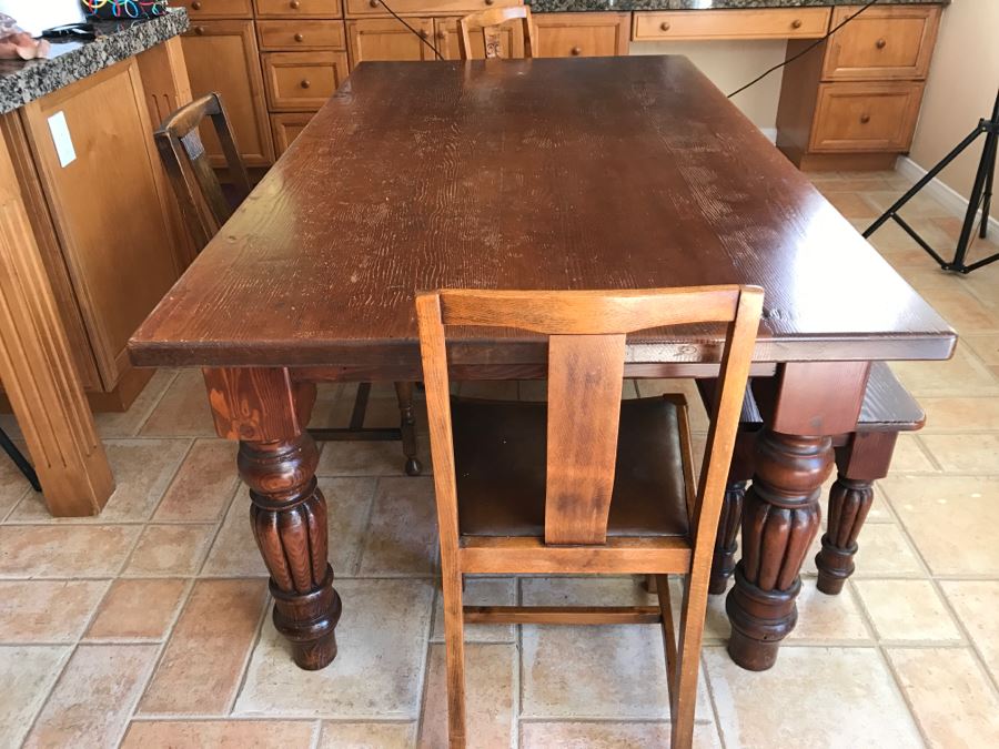 Solid Wood Farmhouse Table With Bench And (5) Vintage Chairs [Photo 11]