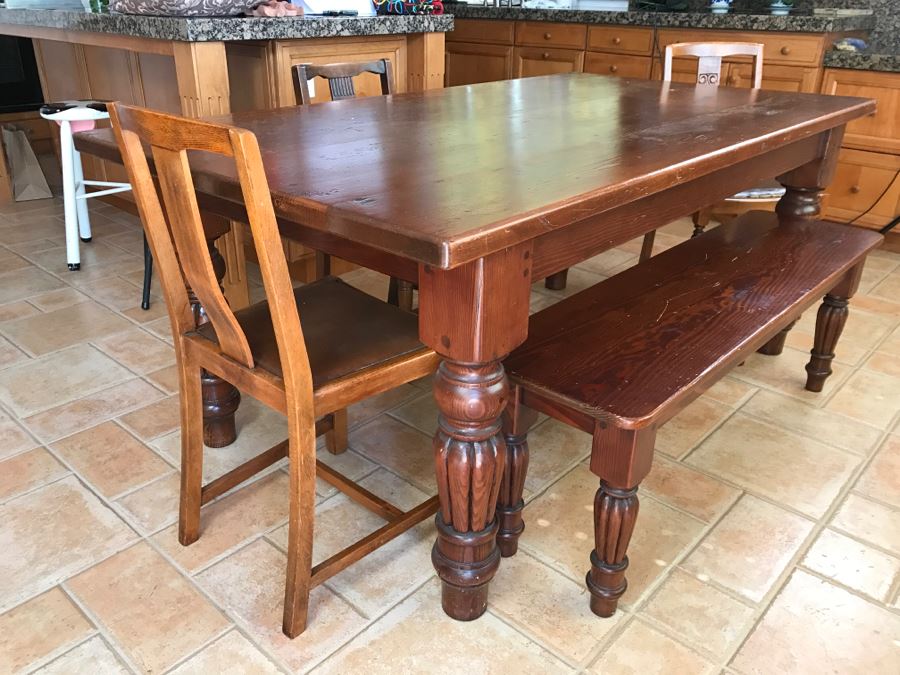 Solid Wood Farmhouse Table With Bench And (5) Vintage Chairs [Photo 5]
