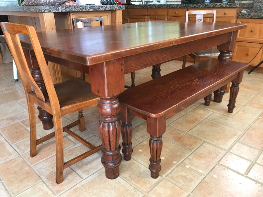 Solid Wood Farmhouse Table With Bench And (5) Vintage Chairs [Photo 9]