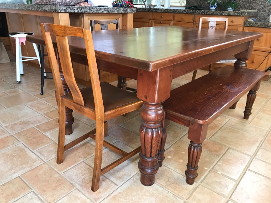 Solid Wood Farmhouse Table With Bench And (5) Vintage Chairs [Photo 6]