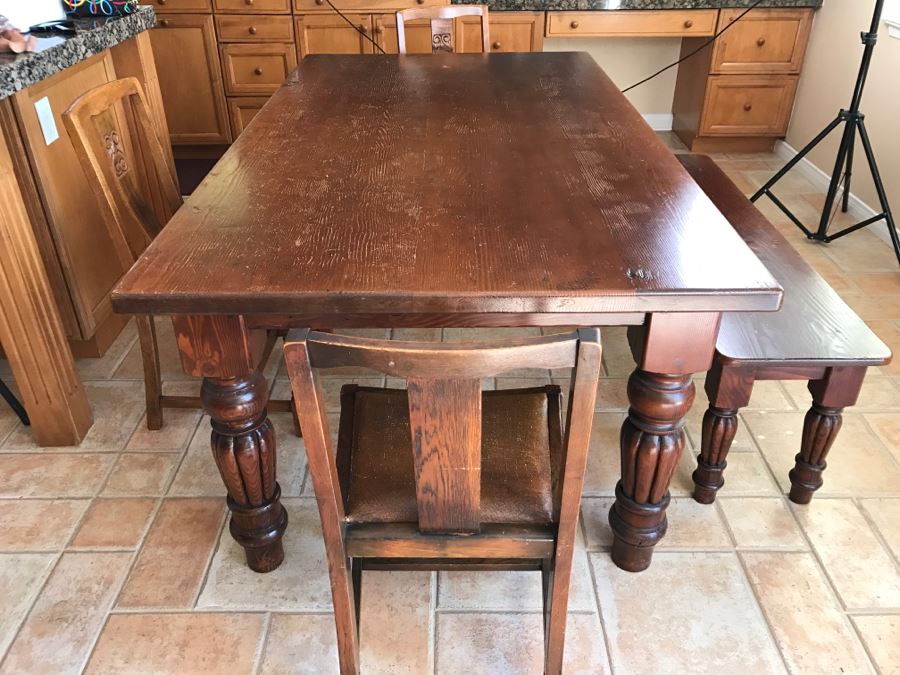 Solid Wood Farmhouse Table With Bench And (5) Vintage Chairs [Photo 23]