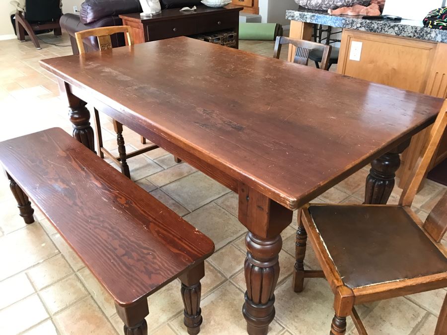 Solid Wood Farmhouse Table With Bench And (5) Vintage Chairs [Photo 4]