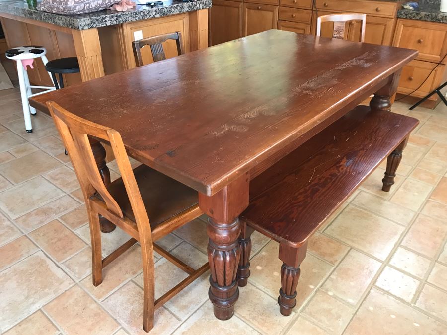 Solid Wood Farmhouse Table With Bench And (5) Vintage Chairs [Photo 8]