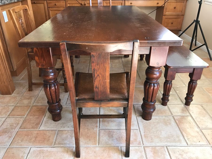 Solid Wood Farmhouse Table With Bench And (5) Vintage Chairs [Photo 24]