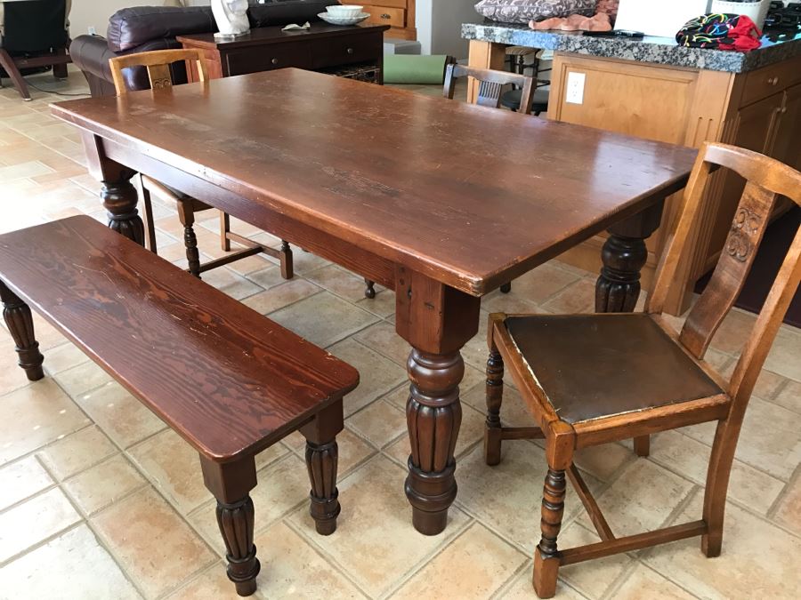 Solid Wood Farmhouse Table With Bench And (5) Vintage Chairs [Photo 2]