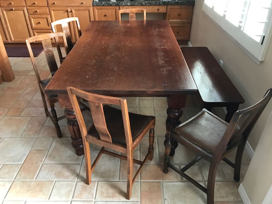 Solid Wood Farmhouse Table With Bench And (5) Vintage Chairs [Photo 27]