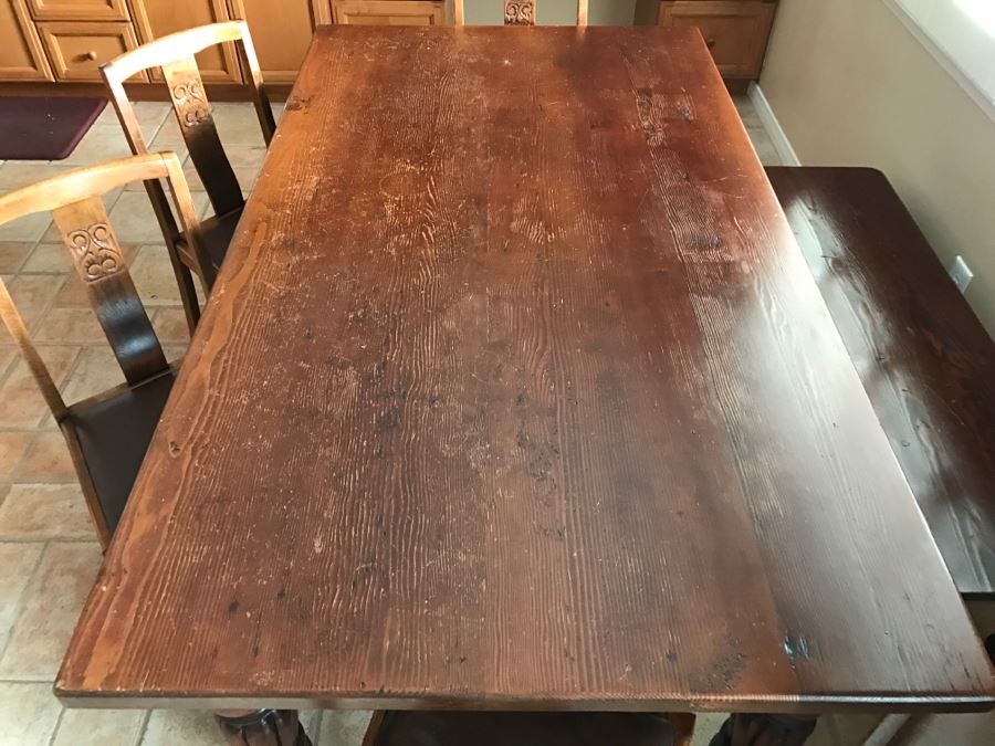 Solid Wood Farmhouse Table With Bench And (5) Vintage Chairs