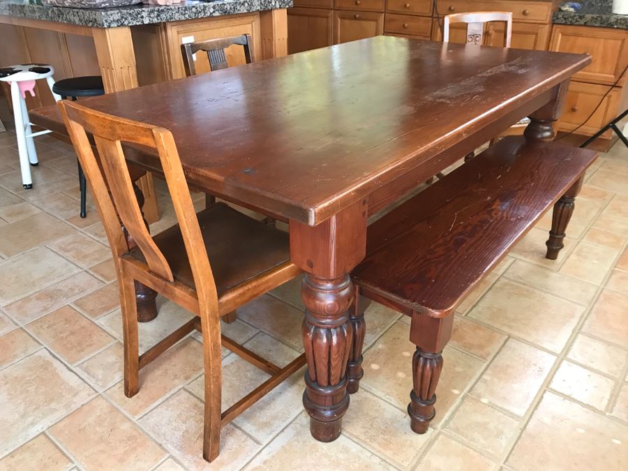 Solid Wood Farmhouse Table With Bench And (5) Vintage Chairs [Photo 7]