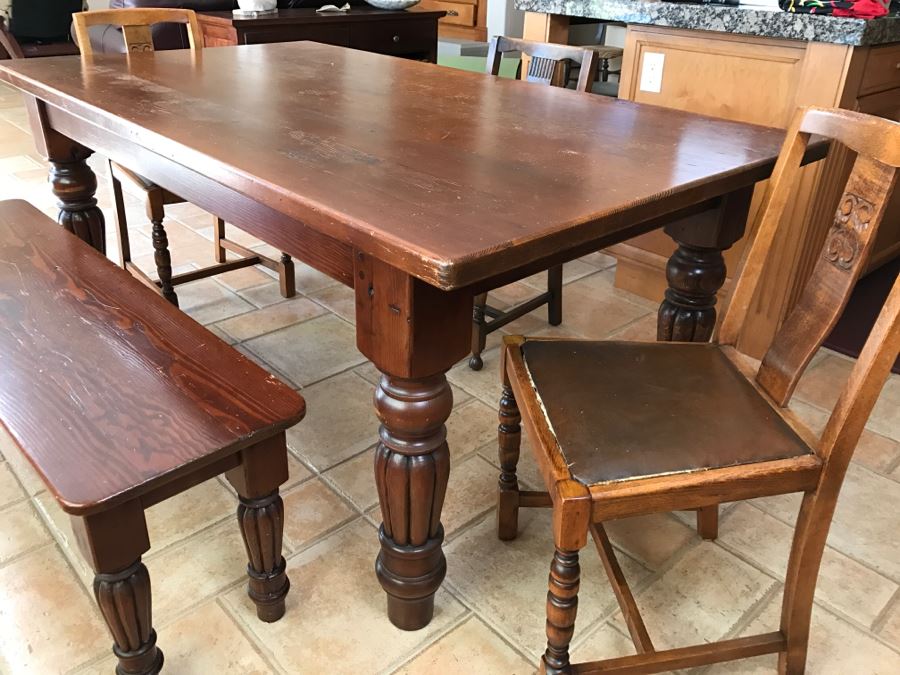 Solid Wood Farmhouse Table With Bench And (5) Vintage Chairs [Photo 3]