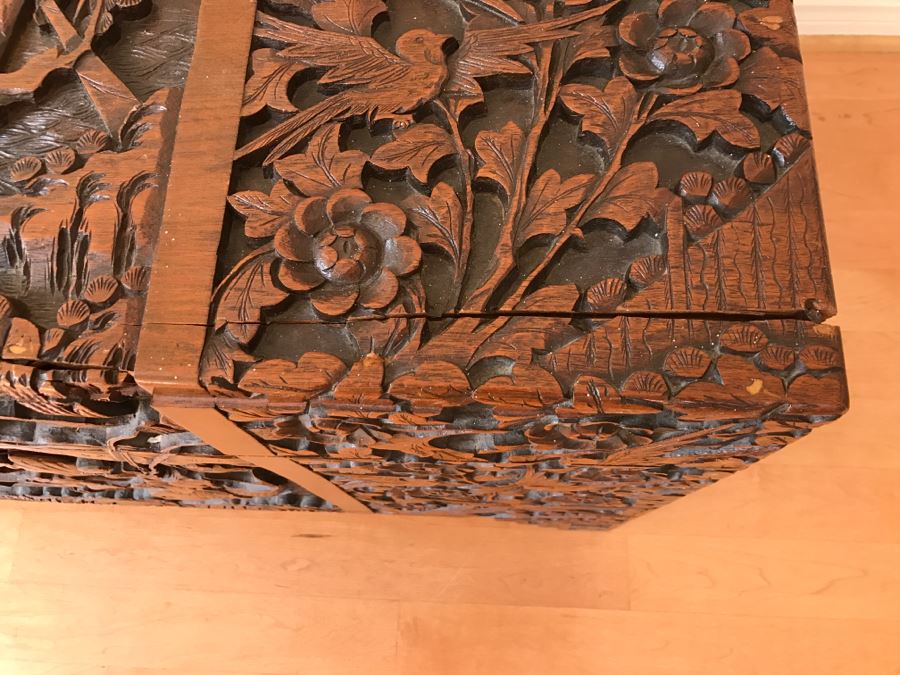 High Relief Carved Chinese Cedar Lined Chest (See Photos For Some Damage To Top And Lock Latch) [Photo 33]