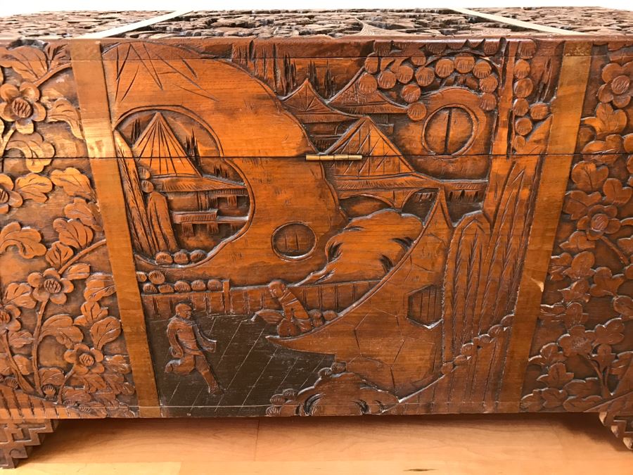 High Relief Carved Chinese Cedar Lined Chest (See Photos For Some Damage To Top And Lock Latch) [Photo 25]