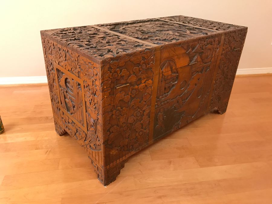 High Relief Carved Chinese Cedar Lined Chest (See Photos For Some Damage To Top And Lock Latch) [Photo 28]
