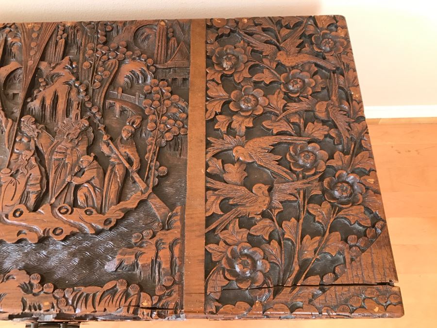 High Relief Carved Chinese Cedar Lined Chest (See Photos For Some Damage To Top And Lock Latch) [Photo 20]