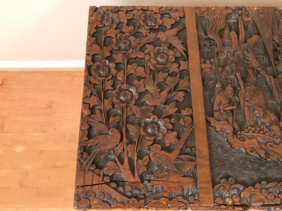 High Relief Carved Chinese Cedar Lined Chest (See Photos For Some Damage To Top And Lock Latch) [Photo 19]