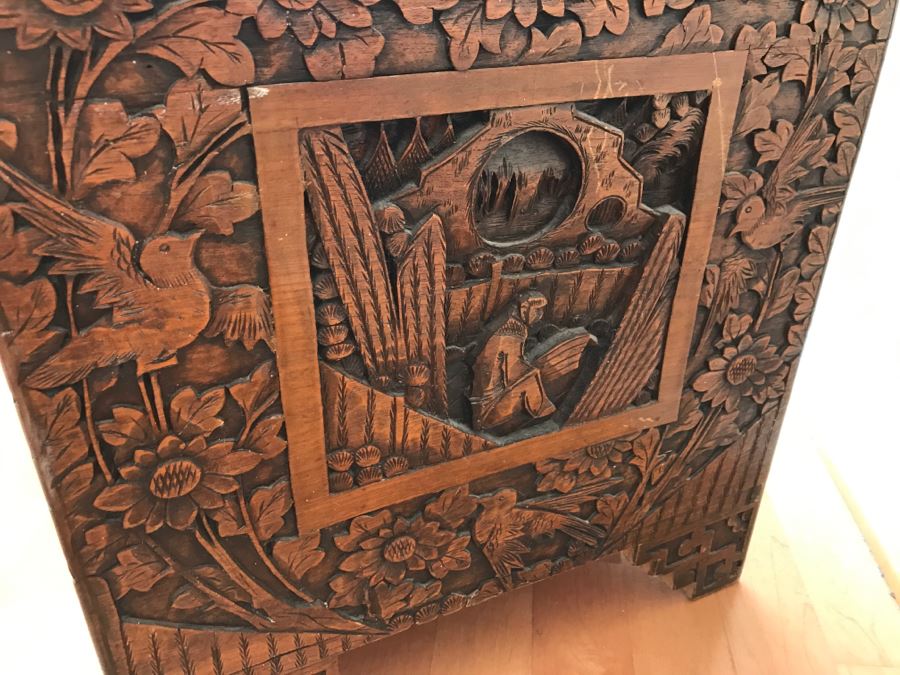 High Relief Carved Chinese Cedar Lined Chest (See Photos For Some Damage To Top And Lock Latch) [Photo 29]