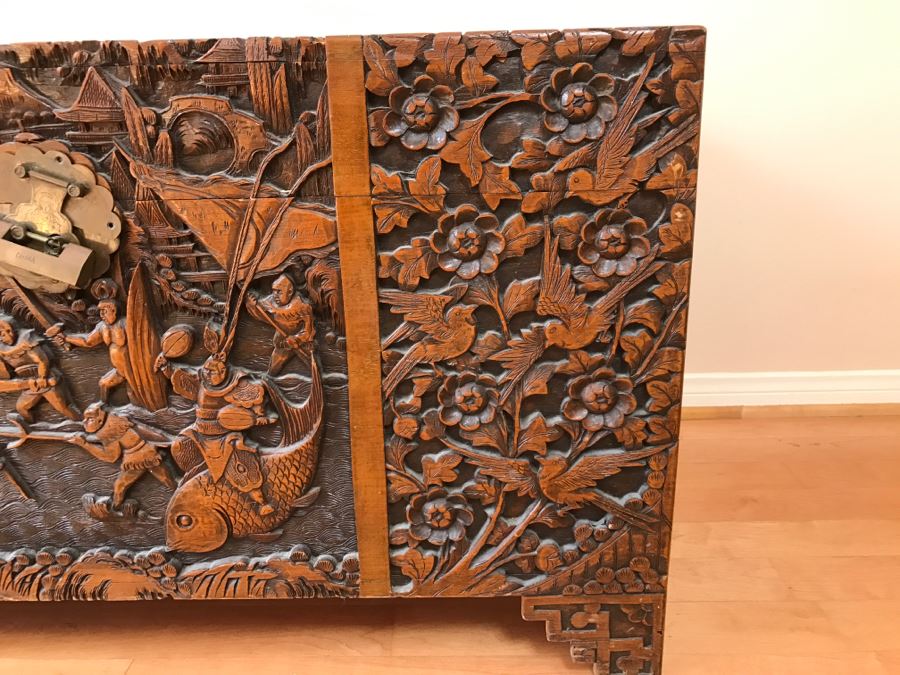 High Relief Carved Chinese Cedar Lined Chest (See Photos For Some Damage To Top And Lock Latch) [Photo 12]