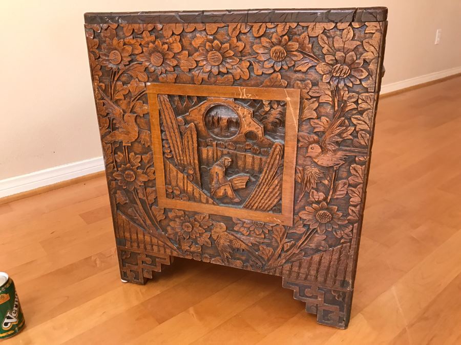 High Relief Carved Chinese Cedar Lined Chest (See Photos For Some Damage To Top And Lock Latch) [Photo 22]
