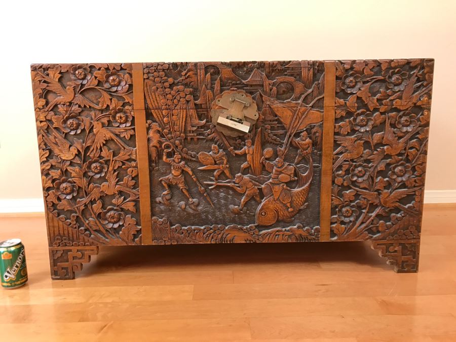 High Relief Carved Chinese Cedar Lined Chest (See Photos For Some Damage To Top And Lock Latch) [Photo 3]