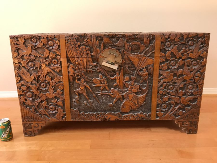High Relief Carved Chinese Cedar Lined Chest (See Photos For Some Damage To Top And Lock Latch) [Photo 2]