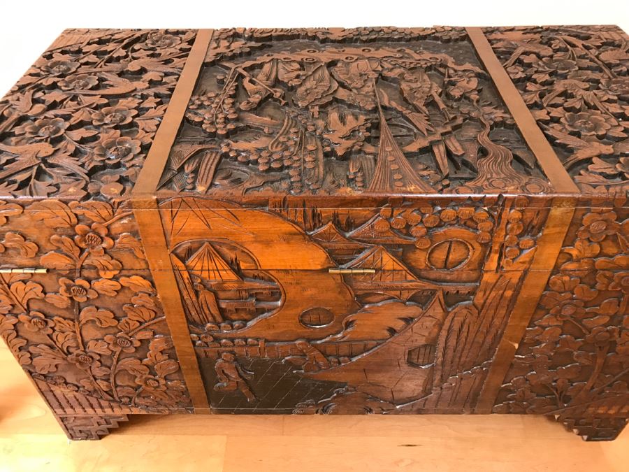 High Relief Carved Chinese Cedar Lined Chest (See Photos For Some Damage To Top And Lock Latch) [Photo 27]