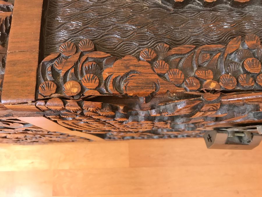 High Relief Carved Chinese Cedar Lined Chest (See Photos For Some Damage To Top And Lock Latch) [Photo 32]