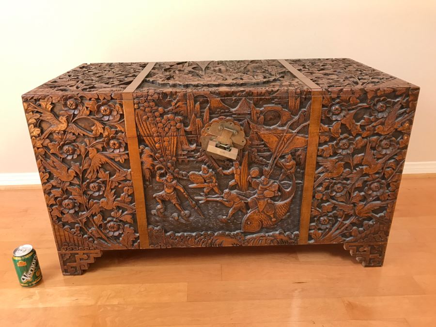 High Relief Carved Chinese Cedar Lined Chest (See Photos For Some Damage To Top And Lock Latch) [Photo 1]