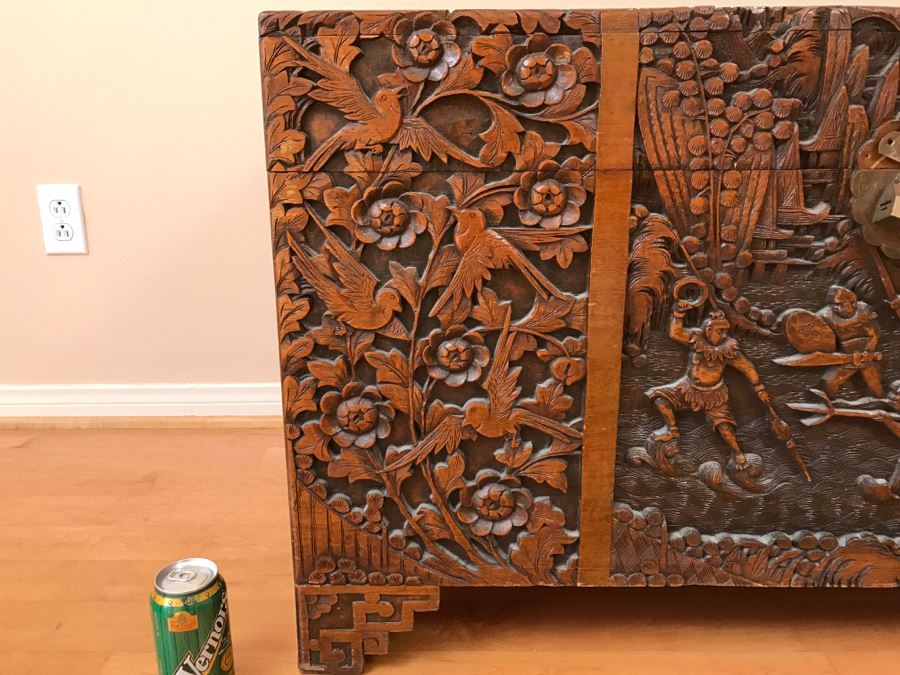High Relief Carved Chinese Cedar Lined Chest (See Photos For Some Damage To Top And Lock Latch) [Photo 5]