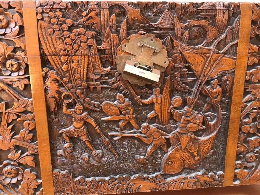 High Relief Carved Chinese Cedar Lined Chest (See Photos For Some Damage To Top And Lock Latch) [Photo 7]
