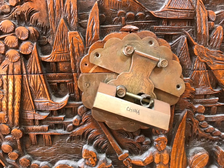High Relief Carved Chinese Cedar Lined Chest (See Photos For Some Damage To Top And Lock Latch) [Photo 11]