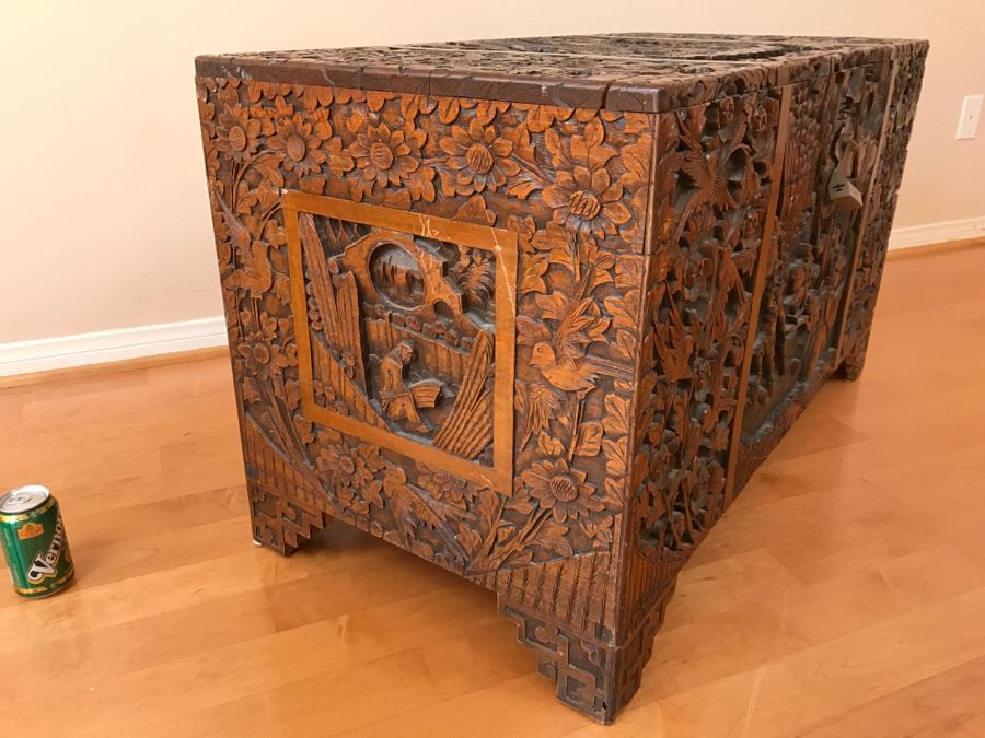 High Relief Carved Chinese Cedar Lined Chest (See Photos For Some Damage To Top And Lock Latch) [Photo 21]