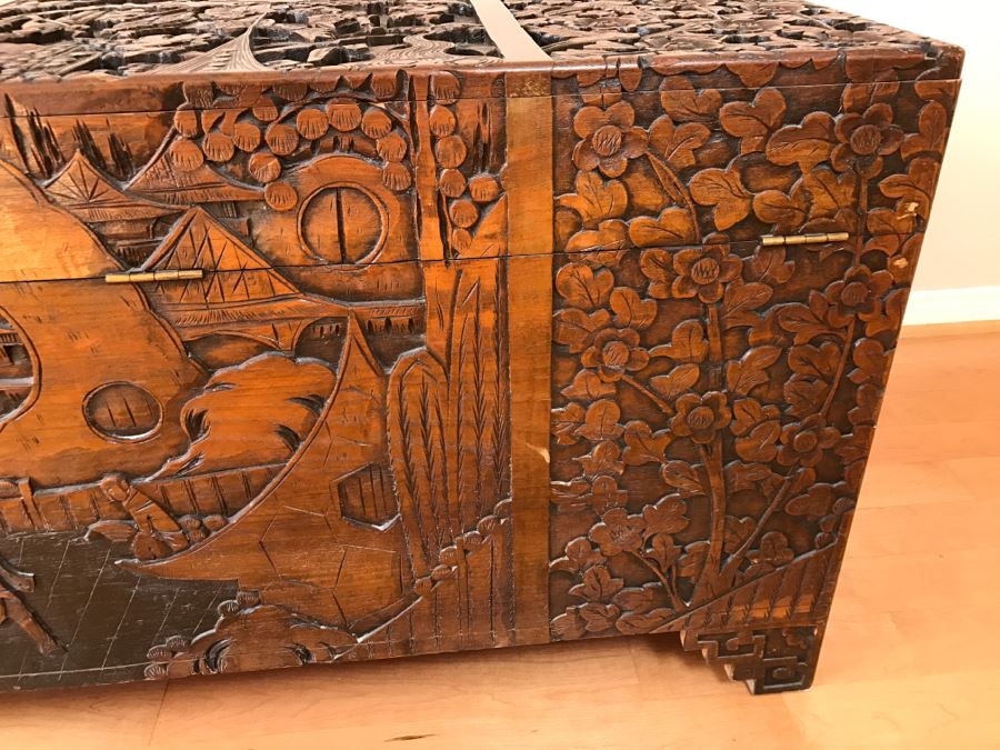 High Relief Carved Chinese Cedar Lined Chest (See Photos For Some Damage To Top And Lock Latch) [Photo 26]
