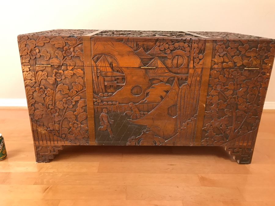 High Relief Carved Chinese Cedar Lined Chest (See Photos For Some Damage To Top And Lock Latch) [Photo 24]
