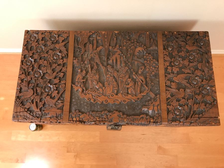 High Relief Carved Chinese Cedar Lined Chest (See Photos For Some Damage To Top And Lock Latch) [Photo 30]