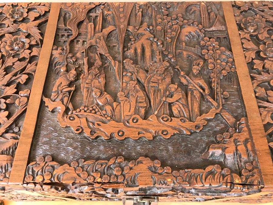 High Relief Carved Chinese Cedar Lined Chest (See Photos For Some Damage To Top And Lock Latch) [Photo 13]
