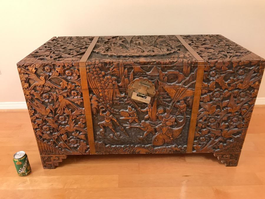 High Relief Carved Chinese Cedar Lined Chest (See Photos For Some Damage To Top And Lock Latch) [Photo 4]