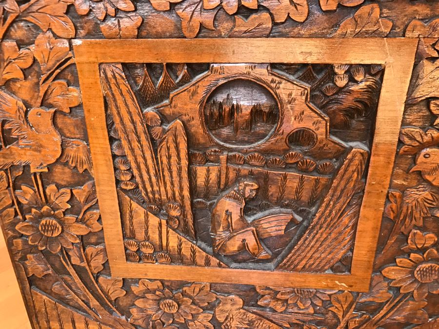 High Relief Carved Chinese Cedar Lined Chest (See Photos For Some Damage To Top And Lock Latch) [Photo 23]
