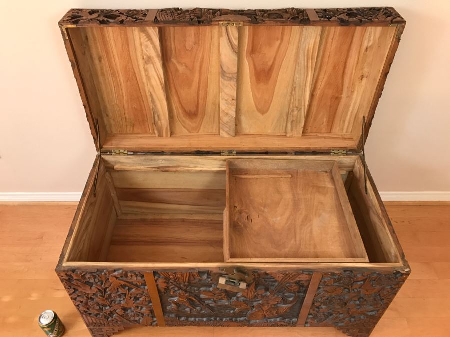 High Relief Carved Chinese Cedar Lined Chest (See Photos For Some Damage To Top And Lock Latch) [Photo 35]