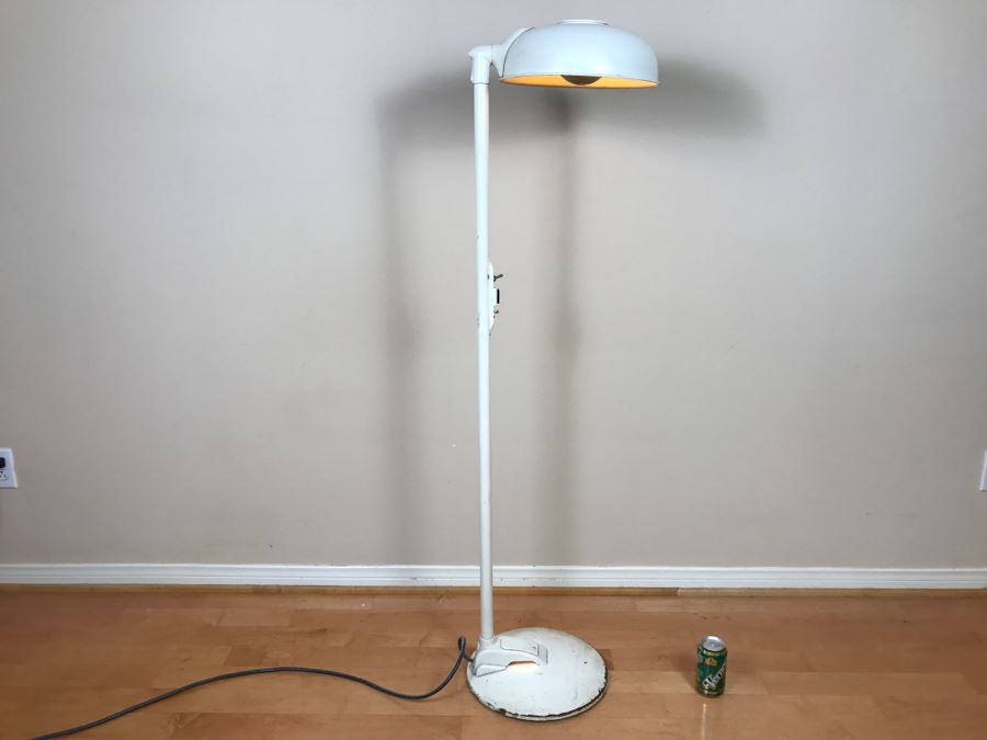 Mid-Century Modern Art Deco Industrial Swivel Light Metal Floor Lamp With Two Toggle Switches And Outlet On Pole Lighted Base Used In Hospitals By American Hospital Supply Corporation [Photo 1]