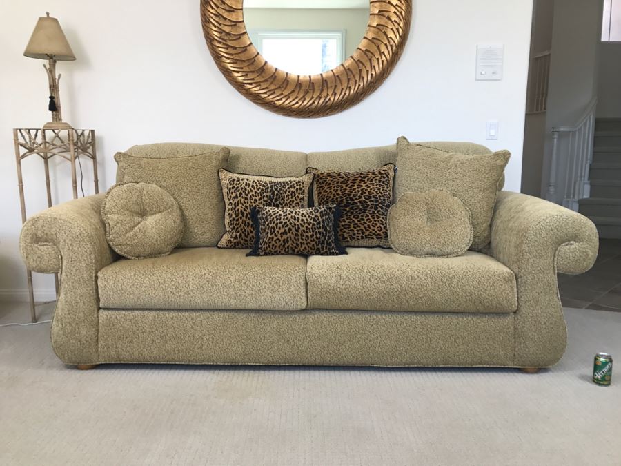 Nice Designer Upholstered Sofa With Throw Pillows
